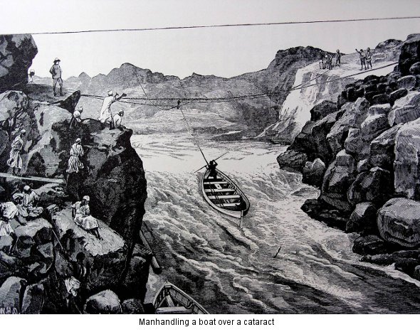 Manhandling boat over a cataract